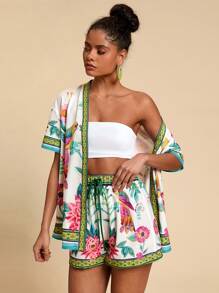 Travachic 2pcs/Set Tropical Print Short Sleeve Top & Shorts,  Suitable For Holiday , Afternoon Tea, Wedding Season, Beach Cruise Vacation, City Road Trip Vacation, Boho Vacation, Music Festival , Beachwear, Easter, Beach Outfits For Woman, Elegant Clothes For Women, Vacation Outfits Women, Concert Outfit Women, Tropical Vacation Woman Clothes, Holiday Outfits, Bohemian Clothes,For Spring Sunmmer And Autumn - Multicolor - View 6