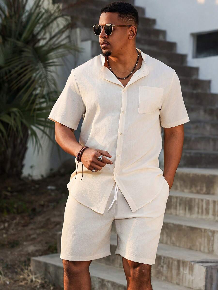 Manfinity RSRT Plus Size Men's Casual Shirt & Shorts Set, Minimalist & Stylish For Daily Wear