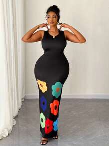 Maweii Women's Plus Size Floral Print Round Neck Dress