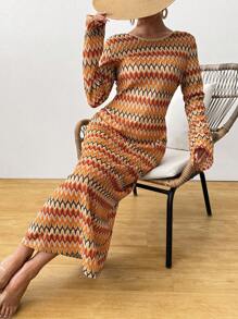 Breezaya Regenbogenmuster Häkel-Optik Maxikleid