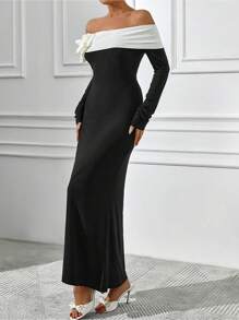 EURMUSE Vestito lungo da donna in colore bianco e nero con dettagli floreali a contrasto