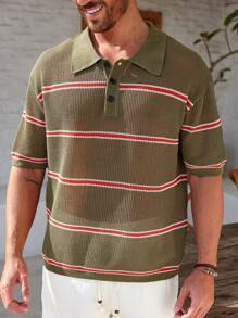Manfinity RSRT Top casual de punto con botones al frente y mangas cortas con rayas para hombres - Multicolor - Ver 4
