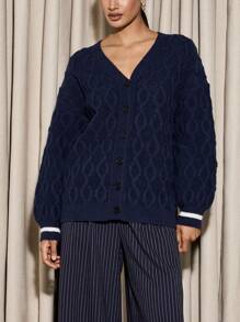 AiiRZ Luxury Cable Knit Button-Front Cardigan With Varsity Stripe Cuffs V-Neck Designer Knitwear Chunky Winter Sweater Cozy Holiday Fashion - Navy Blue - View 5
