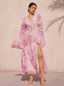 Femmeiva French Romantic Floral Print V-Neck Flare Sleeve Cinched Waist Ruffle Hem Long Chiffon Dress For Women Boho Vacation Fashionable Style For Spring Fall - Multicolor - View 6