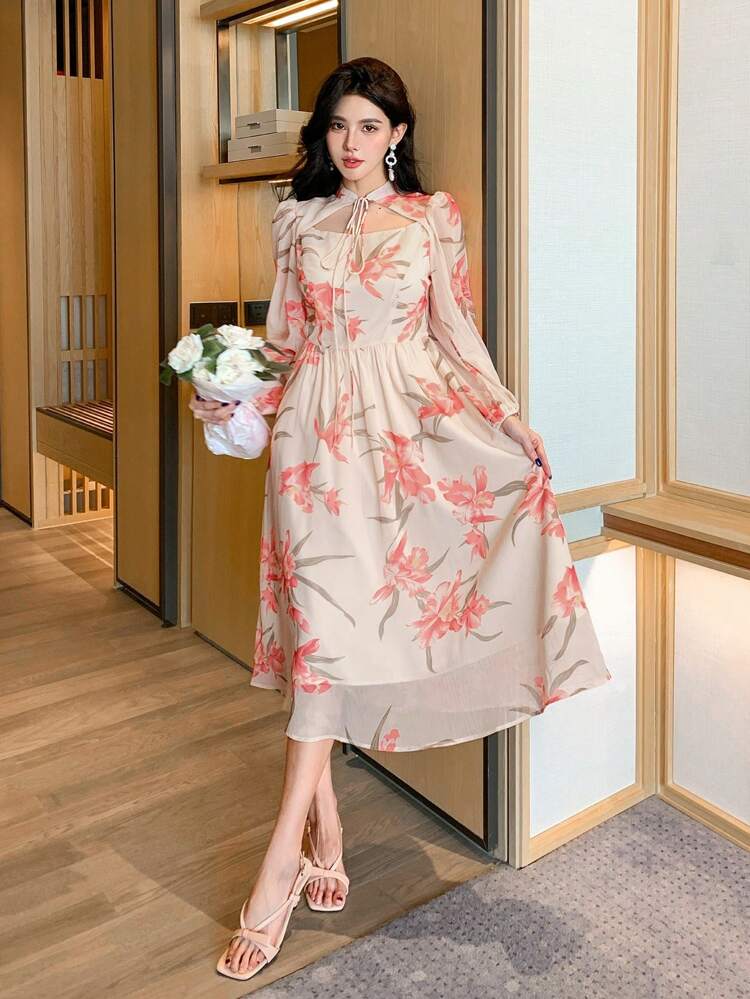 Floral Print 2 In 1 Puff Sleeve Tie Waist Mid-Length Dress For Women,Fall Dress Long Sleeve Dress