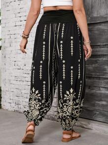 SHEIN VCAY 加大码波西米亚风黑色针织弹力腰混合图案哈伦裤，波西米亚风，女士西部风情，牛仔风，女士夏季风，海滩风，女士夏季风，圣帕特里克节风，女士春季风，伊比沙岛风 - 黑色 - 查看 2