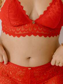 Aralina Curve Valentine Heart Red Love All Over Lace Lingerie Bralette And Boyleg Knicker Two Pieces Set - Red - View 3
