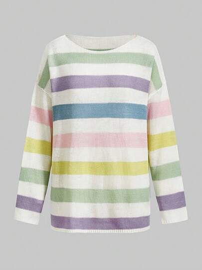 Kawaii Gestreifter Colorblock Pullover Mit Tief Angesetzter Schulter