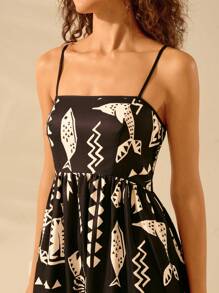 CAJUNI Women's Boho Black And Apricot Printed Holiday Leisure Summer Beach Strap Long Dress