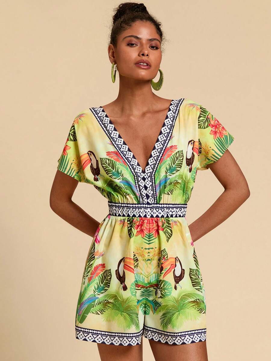 Travachic Tropical Print Batwing Sleeve Romper - Multicolor - View 1