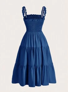 Aveloria Rosie 纯色荷叶边装饰荷叶边下摆连衣裙节日派对连衣裙波西米亚风度假时尚风格，适合夏季春秋季 - 藍色 - 查看 2