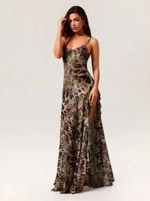 Glamine Women's Jungle Camo Maxi Dress: Sexy Leopard Print With High Slit And Ruffle Detail Women Dresses Vacation