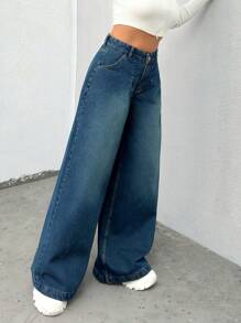 EURMUSE Women's Pocketed Wide Leg Loose Casual Jeans - Medium Wash - View 5