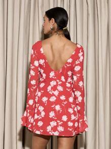 AiiRZ Slash Neck With Scoop Back Floral Flippy Mini Dress Valentines - Multicolor - View 2