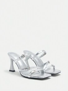 CUCCOO CURVES Plus Size Wide Fit Rhinestone Decorated Sandals With High Heel And Multi-Straps, Sexy Spring Shoes Spring Break Easter - Metallic Silver - View 2