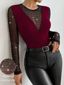 SHEIN Clasi Women's Elegant Round Neck Party Crystal Embellished Splice Long Sleeve T-Shirt, Autumn/Winter