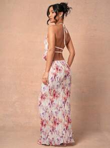 L'Amorae 夏季女士，粉色和白色花卉印花褶皱长裙，简约时尚日常休闲，女士半身裙，长裙。适合约会之夜、音乐会、演出、派对、俱乐部、晚会、音乐节、度假 - 彩色 - 查看 4