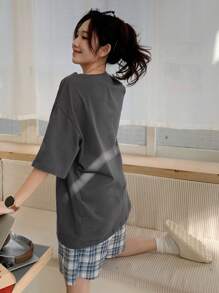 DAZY 2pcs Women's Loose Plaid Shorts Sleepwear Set With English Letter Print Pajama - Grey - View 2