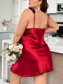 SHEIN X Garcia Sisters SilkySpell Plus Size Floral Trim Satin Babydoll With Wide Strap Design
