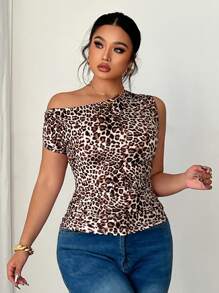 Celure Plus Size Women Leopard Print Asymmetric Collar Top