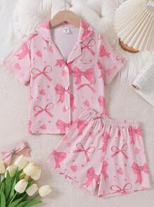 Bộ đồ ngủ tay ngắn cổ ve in nơ cho bé gái, quần short và áo ngủ chống cháy - Bụi hồng - Xem 4