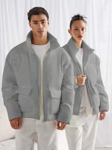 Manfinity VCAY Men's Long Sleeve Loose Fit Stand Collar Padded Coat, Casual For Daily Wear, Winter - Grey - View 5