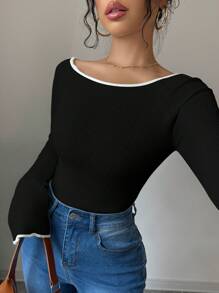 Selianne 1pc Fitted Color Block Trim Long Sleeve Sweater For Women Knit Pullover Fall Winter Outfit - Black - View 4