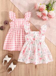 SHEIN Vintaside Kids 2 件套婴儿/女宝宝格子和花卉印花盖袖纽扣休闲连衣裙，甜美夏日度假装 - 粉色 - 查看 2
