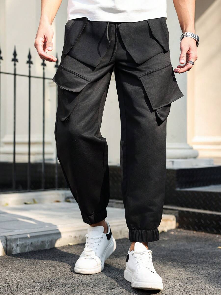 Manfinity Homme Plus Size Men's Front Lace-Up Pocket Simple Design Casual Pants - Black - View 1