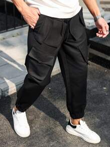 Manfinity Homme Plus Size Men's Front Lace-Up Pocket Simple Design Casual Pants - Black - View 7