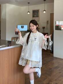 DAZY 女士休闲蕾丝透明长袖衬衫，休闲与度假