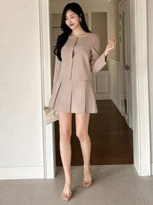 DAZY Solid Color Round Neck Blazer & Skirt Set For Women,Fall Women Clothes Buisness Attire - Pink - View 5