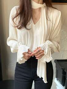 DAZY 女式 V 领喇叭袖长袖白色衬衫，纹理面料，春/夏/秋季，褶边 - 白色 - 查看 4