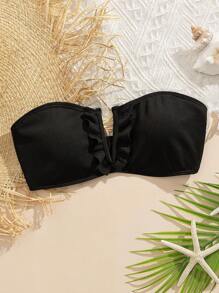 Swim Mod 夏季女式黑色针织罗纹面料性感 V 领花卉边比基尼上衣，适合海滩和度假