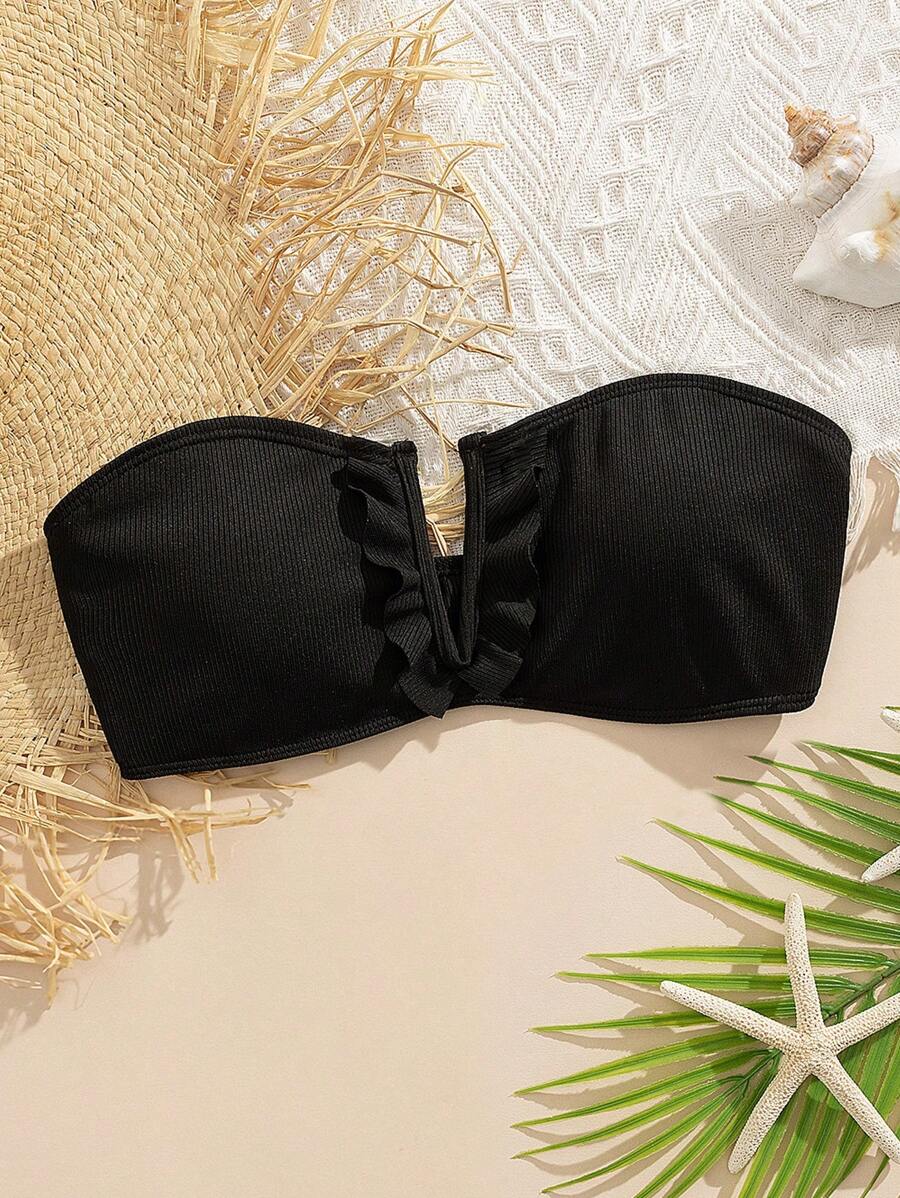 Swim Mod 夏季女式黑色针织罗纹面料性感 V 领花卉边比基尼上衣，适合海滩和度假