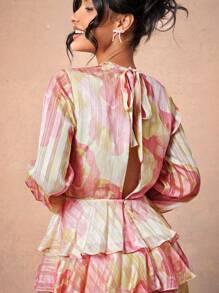 L'Amorae High Neck Open Back Long Sleeve Romper - Multicolor - View 5