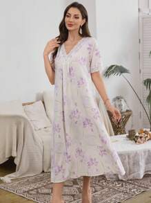 Camisón romántico de mujer con escote en V, manga corta, estampado floral y parches de encaje, perfecto para el verano y las vacaciones