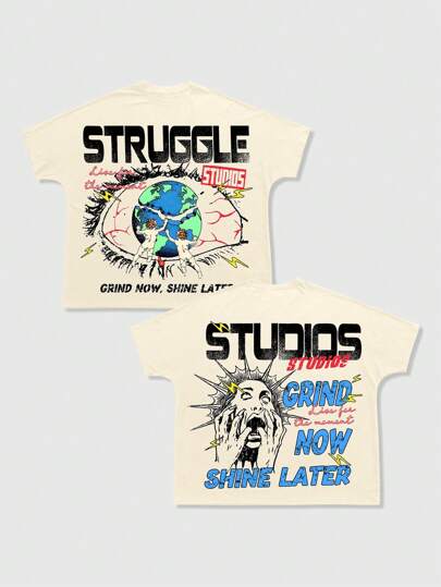 Street Life Camiseta de manga corta de cuello redondo con estampado de eslogan casual para hombres