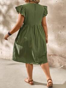 SHEIN Plus Size Cotton Embroidered Casual Vacation Short Dress, Spring And Summer - Green - View 2