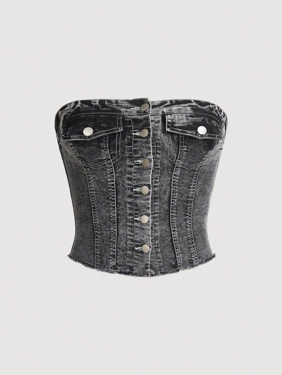 SHEIN Essnce Women Denim Shirt, Sexy Party Wear, Christmas, Valentine's Day Gift, For Friends - Grey - View 1