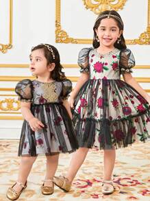 SHEIN Babygirl 黑色花卉网眼短袖夏季连衣裙 - 彩色 - 查看 1