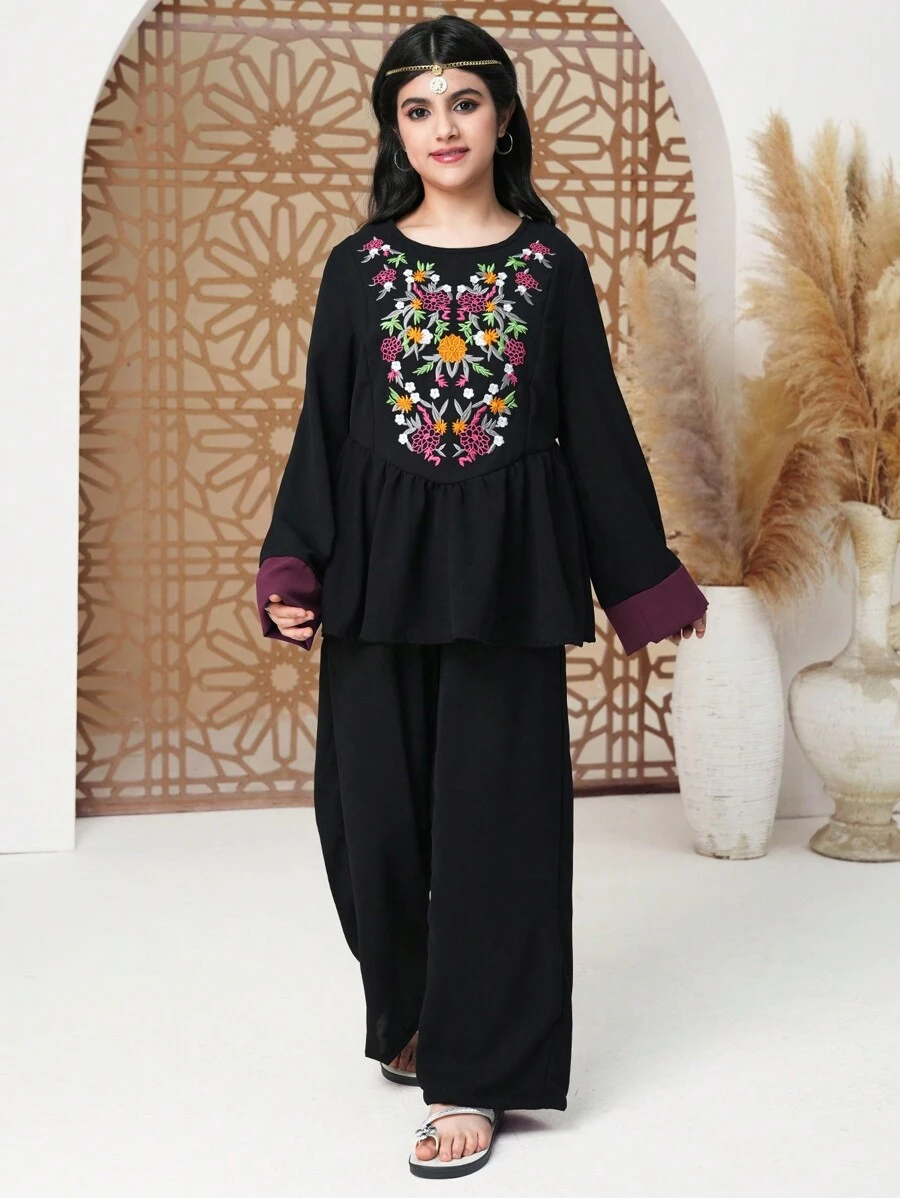 2pcs Teen Girls Floral Print Long Sleeve Top And Pants Set