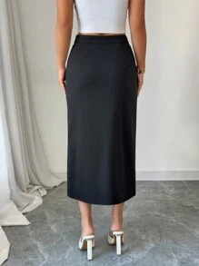 Elenzga 女士优雅度假和工作装黑白撞色中长裙 - 黑色 - 查看 2