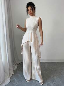 Elenzga 2pcs/Set Women Elegant Vacation Textured Fuzzy Sweater And Wide Leg Pleated Pants