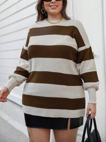 SHEIN Cottnline Plus Sıze Strıpe Detaıl Casual Sweater - Brown - View 5