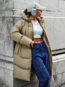 EURMUSE Zip Up Long Padded Coat With Hoodie Keeping Warm - Beige - View 7