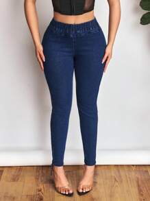 SHEIN SXY 美式女式牛仔裤，夏季新款松紧腰带搭配抽绳设计，修身紧身裤腿