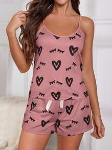 心形睫毛印花吊带背心和短裤睡衣套装