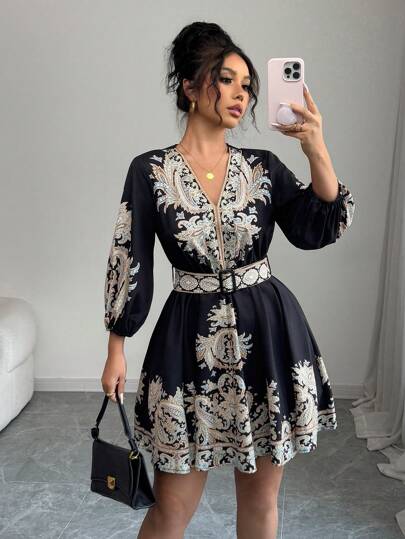 Breezaya Women's New Fashion Vintage Printed Long Sleeve Cinched Waist Waist Peplum Mini Dress