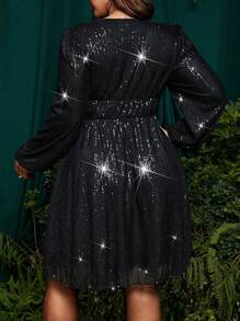 SHEIN CURVE+ Vestido de fiesta negro sencillo con volantes y lentejuelas para tallas grandes